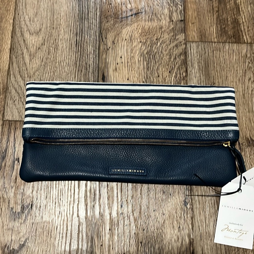 LUMILLA Leather & Canvas Fold Over Clutch Bag Purse Blue White New With Tags
